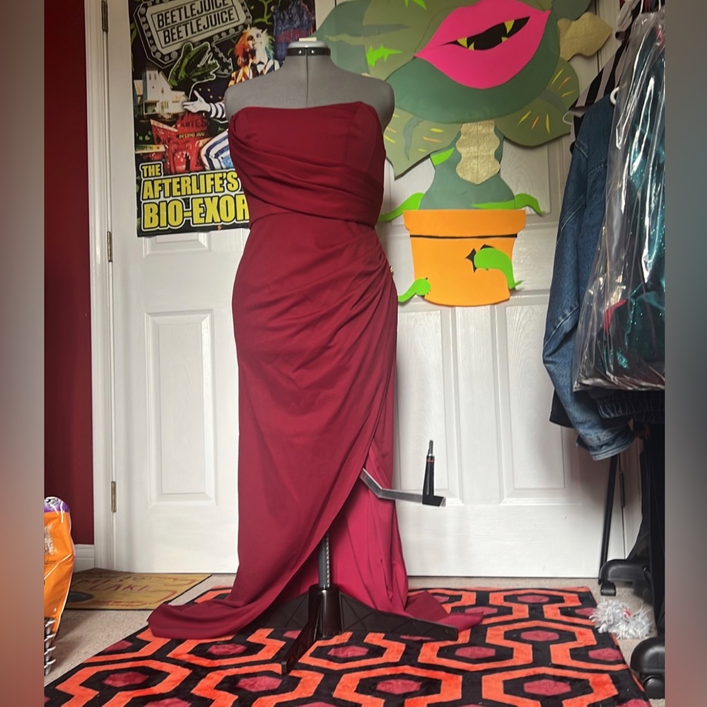 Strapless crimson thigh slit David’s Bridal gown